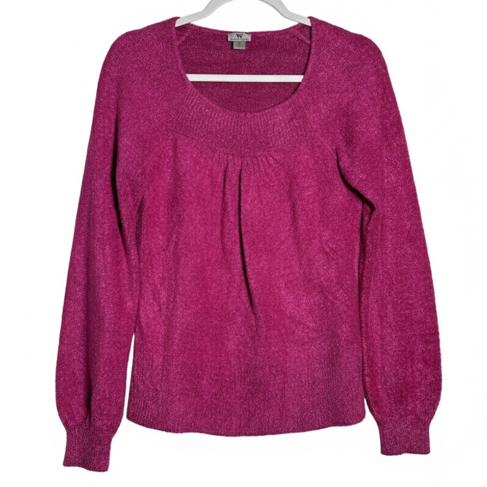 Worthington Fuchsia Scoop Neck Fuzzy Pink Shimmer Sweater Small Blouson Sleeve - Picture 2 of 13